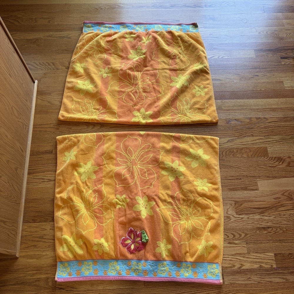 2 Vintage 90s Hibiscus Beach Towels Multicolor Embroider Appliqué Tropical‎ Boho - Picture 5 of 16